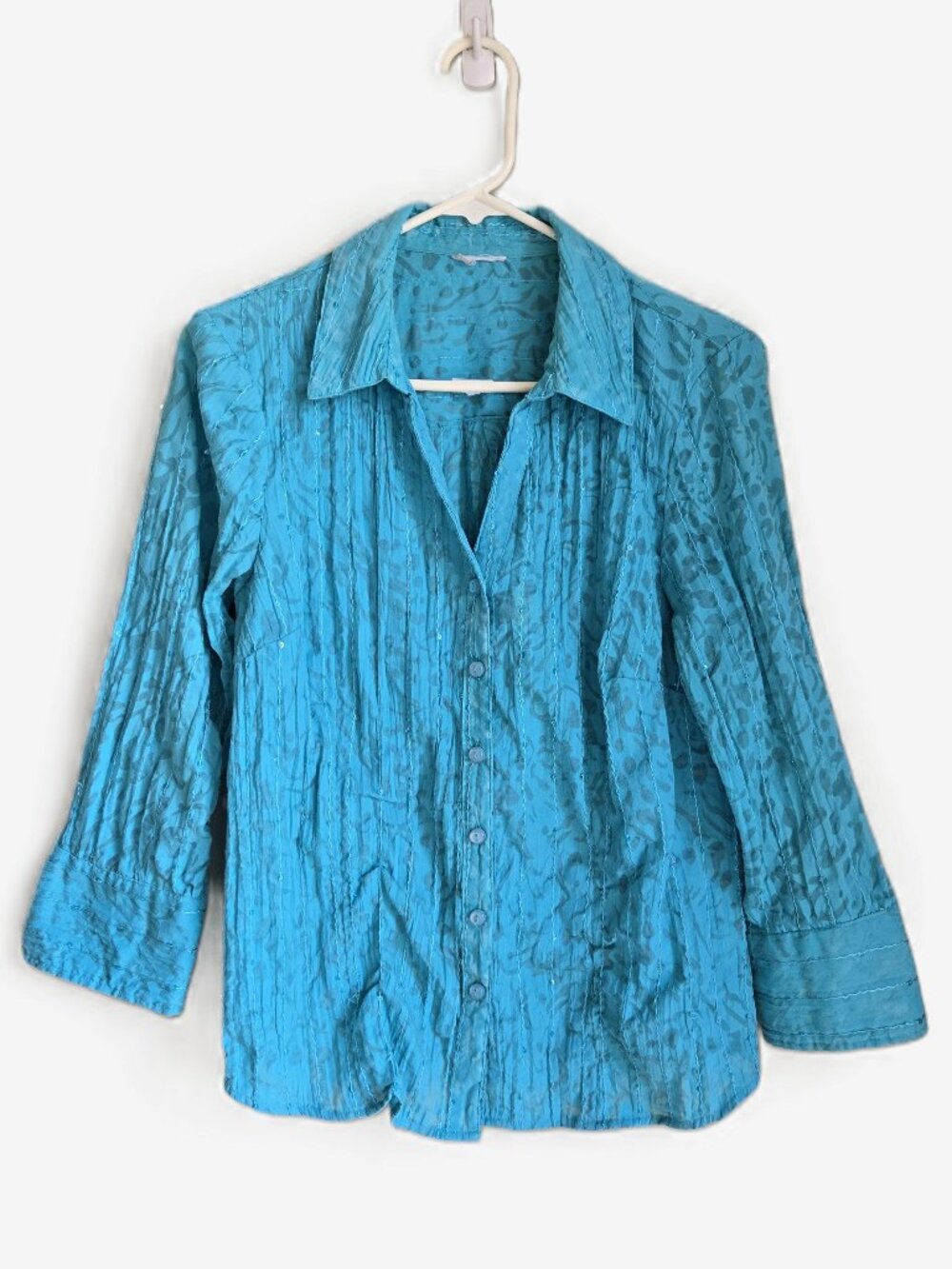 JM COLLECTION Boho Teal Green Sheer Crinkled w/ Shirring Blouse, EUC Women's M